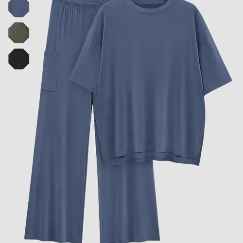 Women's Basic Minimalist Loose Solid Round Neck Drop Shoulder Tee & Elastic Waist Pants Two-piece Set, Casual Outfit Set, Casual Fashion Cozy Half Sleeve Top & Trousers for Daily Outdoor Wear, Ladies Clothes for All Seasons, Womenswear