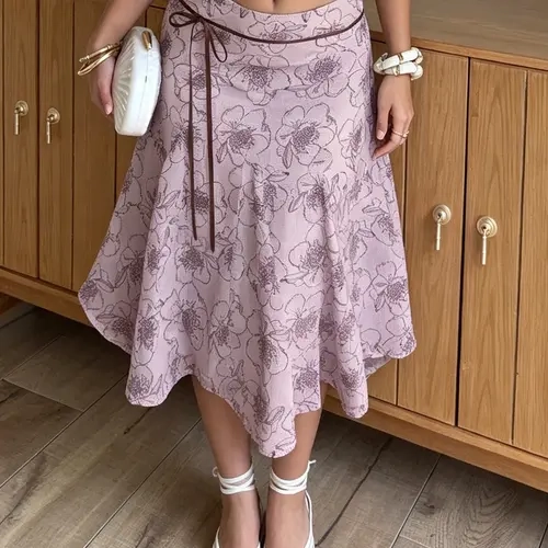 Women's Floral Print Midi Skirt, Semi-Sheer A-Line Skirt, Bohemian Y2K Holiday Style, Summer Beachwear, Boho Fashion Casual Skirt, Ruffled Floral Skirt