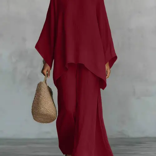 New Women's Simple Loose-Fit Long Sleeve Blouse and Wide-Leg Pants Set, Comfortable Casual Outfit, Perfect for Daily Wear, Stylish and Trendy Two-Piece Set