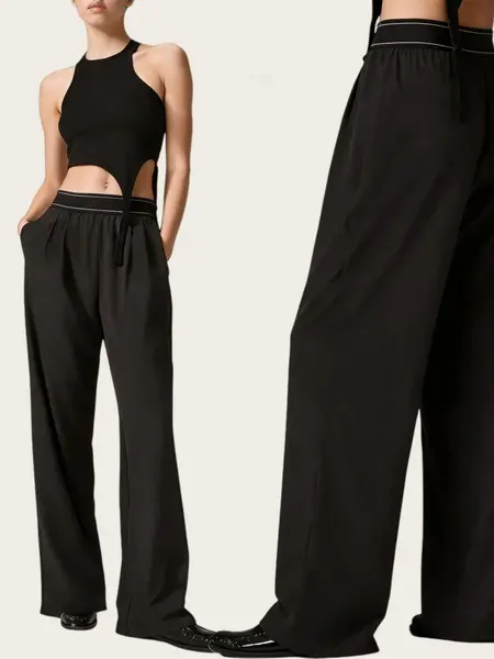 Women High Waist Pleated Wide Leg Pants, Contrast Trim Elastic Waist Casual Trousers for Everyday Wear the rookie  tracksuit lady