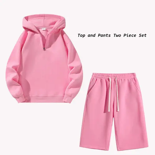 Men’s Top 2-Piece Casual Stylish Menswear Streetwear Set - Quarter-Zip Long Sleeve Polyester Hooded Sweatshirt, 3/4 Wide-Leg Athletic Shorts, Slim Fit, Adjustable Drawstring Elastic Waistband, Plain Summer Outfit
