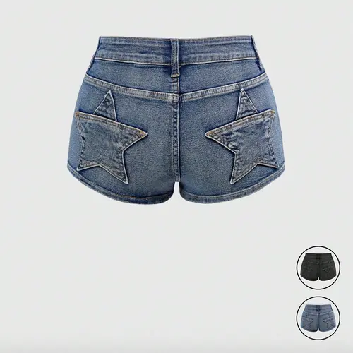 Women's Casual Retro Low-Rise Super Short Butt Pocket Star Patch Low Waist Denim Shorts, Pocketed Denim Shorts, Y2K Stretch Denim Shorts, Comfortable and Stylish Summer Bottoms, Perfect for Daily Wear and Leisure Activities