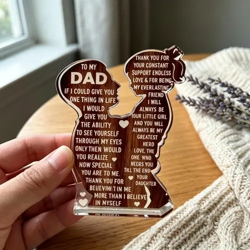 Crystalclear Shine Heart Acrylic Desktop Plaque - Wooden Base Desk Signs Ornament, Engraved Message Wall Decor Plaque, Son/Daughter Gift for Dad (Birthday, Thanksgiving) Adds Warm Touch to Office Desks