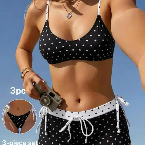 Vintage Polka Dot Women's Sexy Bikini U-Neck Halter Swimsuit with Tie Back Shorts, Summer Beach Resort Fashion Swimwear, Beachwear Bathing Suit, Swimwear Sets