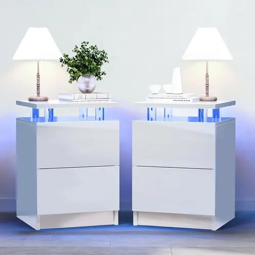 2-Pack Modern Compact Black Symmetry Rectangular LED Light Nightstand Sets, 15" Indoor Side Table with Drawers, Functional Black Furniture for Bedroom with Warm LED Ambiance & 2 Storage Drawers