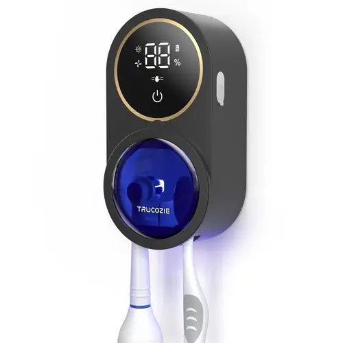 Trucozie X122 Wall-Mounted Electric Toothbrush Holder Bathroom Organizer - UV Sterilization (UVC+UVA Dual Light), 3h Auto Clean+Vent, Touchless Infrared Sensor, Removable Rinseable Tray, LED Status at Glance, 1800mAh Battery, 1 UV Test Card