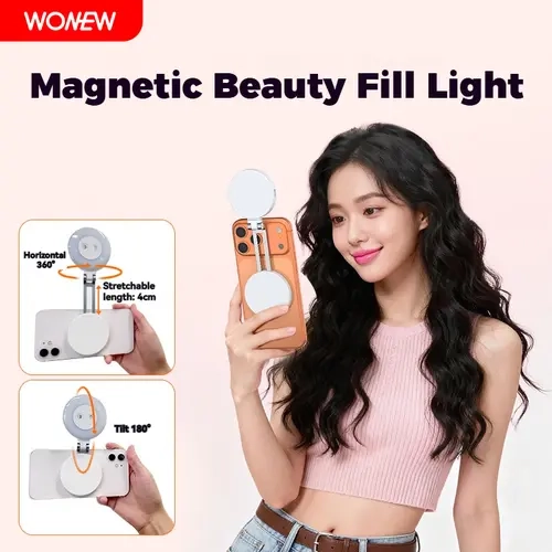 WONEW FL22 Nylon MagSafe Magnetic Selfie LED Light for iPhone 13-17 Pro/Pro Max, 360° Rotation, 4cm Stretchable Arm, Vlog-Ready Light, Cellphone Mobile Smartphone Accessories (Back to School)