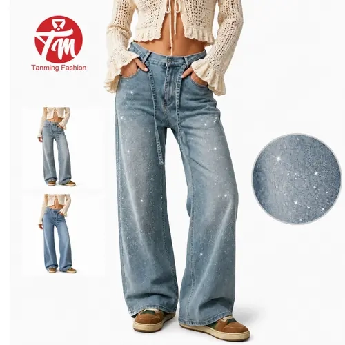 Tanming Womens Sparkly Wide-Leg Jeans - High-Waisted Elastic-Back Denim Pants with Glitter Rhineston - Spring Summer Fall Streetwear Party Cowgirl Western Glam Country Concert Outfit