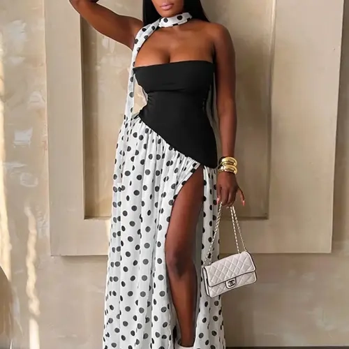 Women's Polka Dot Patchwork Sleeveless Halter Long Dress, Split Pleated Design with Neck Tie, Perfect for Dates and Daily Commute, Womenswear