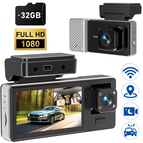 Car-Mounted Dual Lens Safe Driving Camera - 1080P Full HD Front Camera+WiFi+32GB, 720P Rear Left Right Coverage, G-Sensor, Charging-Required Operation, Micro SD Card, ABS Build, Night Vision, Driving Safety, Car Electronics Accessory