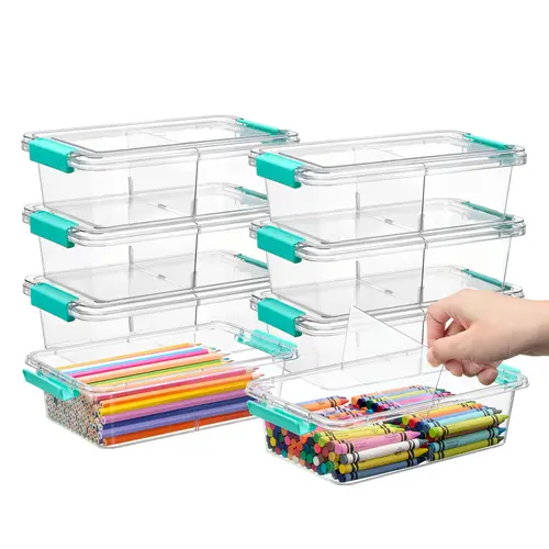 Vtopmart 1.5 Qt Stackable Storage Boxes with Lid & Removable Divider - Pencil Holder for Desk Accessories, Back to School Supplies (Storage Organization Solution), 4-12 Pack