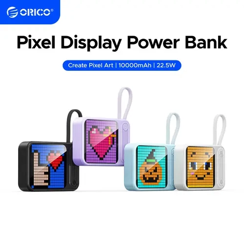 ORICO Mini DIY Pixel Screen Chargeable Portable Charger, 10000mAh Compact Portable Power Bank with Integrated Cable, 25W Fast Charging-Quickcharge 3.0, Custom Pixel Art Display - Cool Tech Gadget for Smartphone (iPhone & Android) Digital-PC