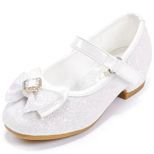 Toddler Girls' Glitter Sparkle Mary Jane Toddler Flats - 1.1" Low Heel Dress Shoes, Artificial Leather Upper, Rubber Anti-Slip Sole, Adjustable Strap Fastener, Sewn-On Bows, Round Toe for Weddings