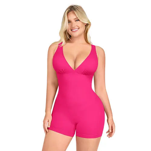 SHAPELLX  Deep V Sculpt Bodycon Stretch Shorts Jumpsuit Romper Tummy Control Boyleg Nylon Bodysuit Shapewear Womenswear