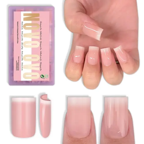 NOVO OVO Short Sharp Square White Soft French Tip Ombre/Micro Nail Tips Pink  , Need Builder Gel Top Coat Nail Glue,Soft Gel Fake Nail Extension, Full Cover False Nails Salon DIY x15 Sizes 240 pcs