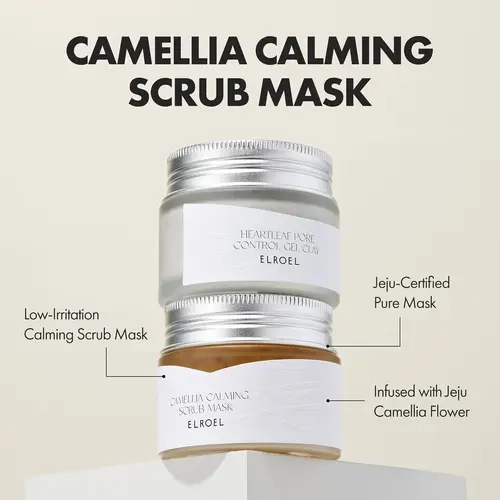 ELROEL Camellia Calming Scrub Mask - Official Product Hydrating, Calming and Exfoliating Facial Scrub with Hyaluronic Acid and Jeju Water - Gentle Face Wash Exfoliator for Smoother Skin - Korean Skin Care 1.69 fl oz