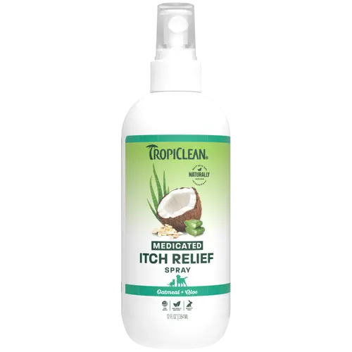 TropiClean Aloe + Oatmeal Medicated Itch Relief Spray, Deodorizing Dog Perfume with Soothing Aloe, 12oz