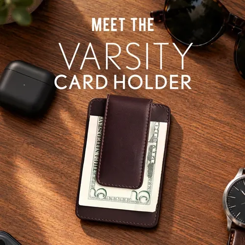 Portland Leather Varsity Card Holder - Real Leather RFID Blocking Card Sleeve with Magnetic Money Clip