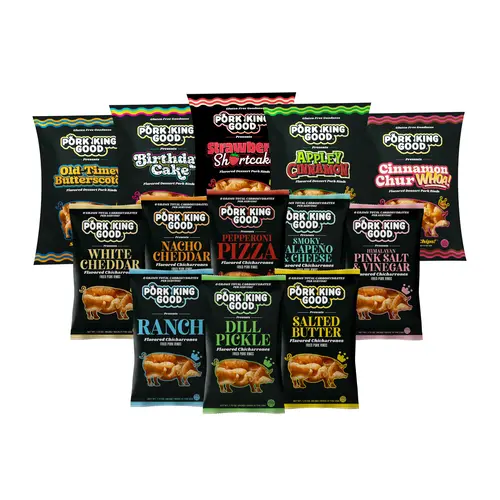 Pork King Good Go Pork Yourself - 13 Bag Pork Rinds Variety Pack, Sweet & Savory Flavors - Zero Carb, Keto, Gluten Free