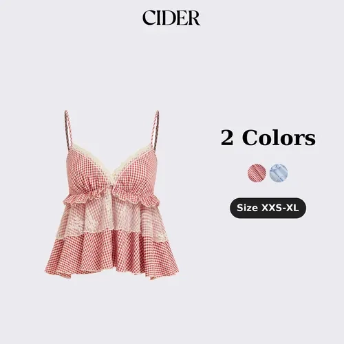 Cider Vintage Gingham Cami Top for Casual Daily, Elegant Lace Panel Blouse, Ladies Ruffle Shirts, Retro Vacation Outfits, Lady Crop Tops