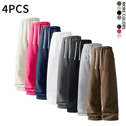4 Pieces Men’s Loose Wide-Leg Sweatpants, Soft Knit Pants with Drawstring Waist for Home Workouts & Everyday Casual Outings