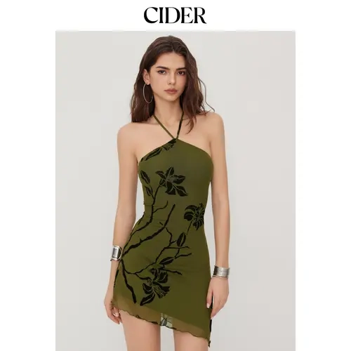 Cider Mesh Halter Neckline Floral Graphic Knotted Asymmetrical Hem Mini Dress