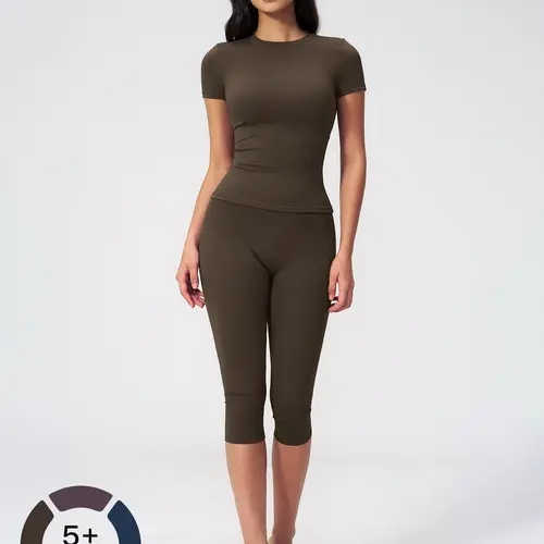 Trendy 2 Piece Casual Set, Short Sleeve Slim-Fit Tee Top, High Waist Cropped Capri Pants, Comfortable & Stylish for Daily Wear Outfit