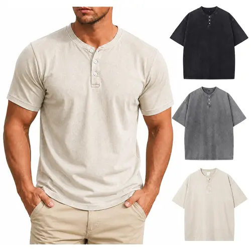 Gihuo Men's 3-Pack Acid Wash Henley Shirts, Short Sleeve 100% Cotton Tees, Vintage Casual Streetwear Tops