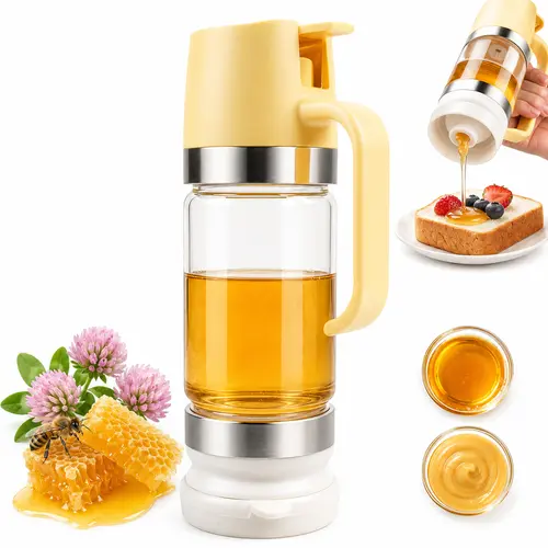 AISOON 10 oz Transparent Compact Reusable Glass Honey Dispenser with Handle, Lid - No Drip, Leakproof Kitchen Container, 3.9” x 2.7” x 7”, Maintains Freshness, Ideal for Coffee - 1 Pack Yellow Pot, Silicone-Lined Birthday Breakfast Gift