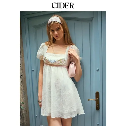 Cider Textured Floral Embroidery Square Neck Puff Sleeve Milkmaid Mini Dress