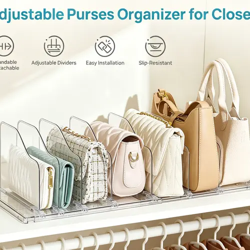 【Purse Station】Vtopmart Free-Adjustable Purse Organizer for Closet with 2 Base, Clear Handbags Storage Organizer, Fits Different Bag Sizes & Closet Shelf, Expandable Plastic Shelf Dividers for Handbags,Wallets,Organization Hacks, Fall reset, Black Friday