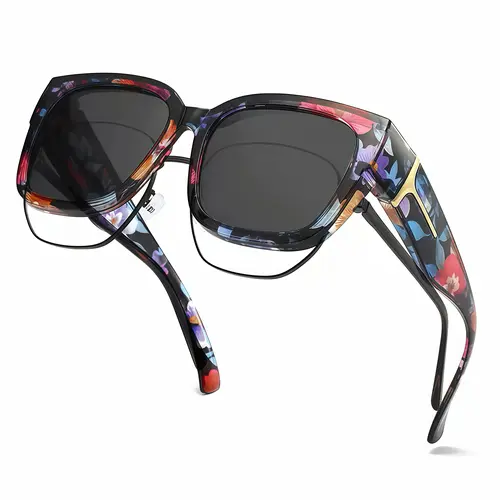 EUNOIALENS Stylish Multicolor Women's Jumbo Style Sunglasses - Slide Over Rx Frames, Patterned Full Rim, HD Polarized UV400 Lenses, Lightweight Polycarbonate Sun Protective Eyewear for Driving, Stylish Sunglasses
