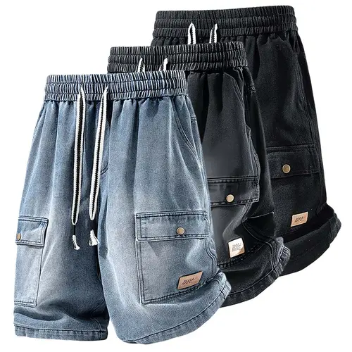 Men’s Washed Denim Cargo Jean Shorts - Menswear Mens Clothing, Elastic Waistband with Drawstring, Large Pockets, Metal Buckle Accents, Loose-Fitting Straight Cut, Knee-Length, Summer Streetwear Clothing, Versatile Casual Wear, Fathers Day Gift,father'sday