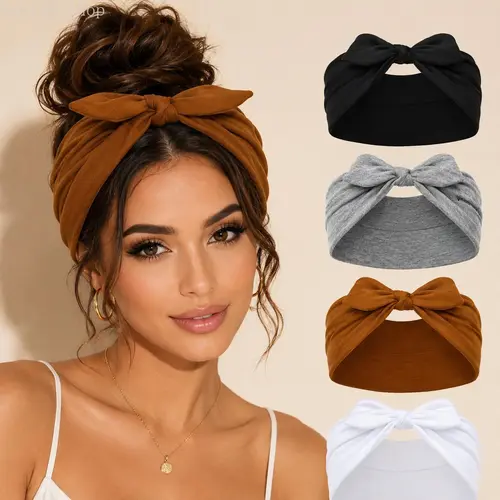 Women's Polyester Plain 4-Pack Wide Rabbit Ear Elastic Ribbon Headbands - Non-Slip, Soft, Thick African Style, Comfortable Wide-Brimmed Hair Accessories for Sports, Yoga, Valentine's Day/Christmas Gifts summerwins,summerwins