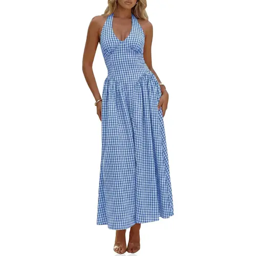 Wenrine Women's Elegant Sexy Fitted Retro Halter V-Neck Corset Maxi Dress - Lightweight Soft Fabric, Summer Plaid, Smocked Tie-Back, Backless, Drop Waist - Beach, Wedding Guest Apparel