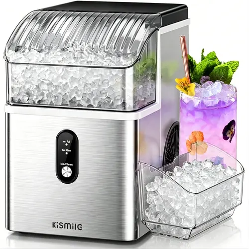 Kismile Countertop Nugget Ice Maker - 35 lbs/24h Fast Ice Production, 7 Mins First Batch, Self-Cleaning, 1.2L Water Tank, Removable Basket, Portable Residential Unit for Home Kitchen Office, Silver Home Essential