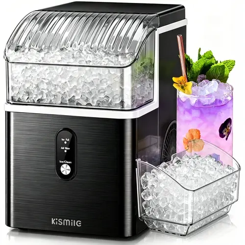 Kismile Compact Corded Countertop Textured Pebble Ice Maker with Ice Scoop, 35 lbs/24h Fast Production, 7 Mins First Batch Freeze, Self-Cleaning, 1.2L Water Tank, Portable for Home Kitchen, Office, Bar, Black Household Essential