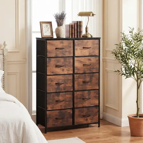 Tall Fabric Storage Tower Dresser with 10 Drawers & Wood Top, Dressers for Adults, Ideal for Bedroom & Entryway Indoor Furniture for Clothing Organization Multifunctional Dresser