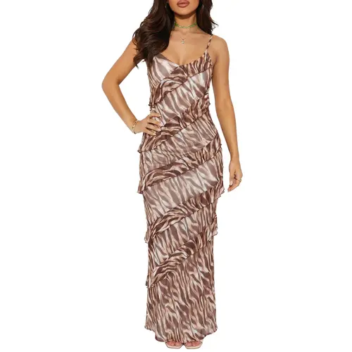 HOCILLE Women's Fitted Sleeveless Deep V-Neck Backless Ruffle Maxi Dress - 2026 Summer Elegant Do Not Iron Formal Gowns with Floral,Tie Dye,Gingham,Marble,Zebra Prints for Party,Graduation