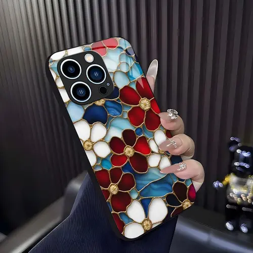 Cottagecore Aesthetic! Handcrafted stained glass floral case for iPhone 17/16/15 Pro Max and Samsung S26/S25 Ultra, vintage art style shockproof cover — 985