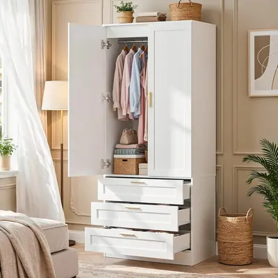 Wooden Wardrobe Closet - 68'' Tall Cabinet Wardrobe with 2 Doors, 2 Drawers & Hanging Rods, Spacious Stylish Storage Organizer for Bedroom Indoor Furniture, Spacious Wardrobes
