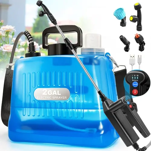 Portable 2-Gallon Battery-Powered Electric Garden Sprayer with 3 Spray Forces, 4 Mist Nozzles, Rechargeable USB 23.6" Telescopic Wand, Detachable Hose, Sprayer Assembly Set for Yard Watering, Lawn Care