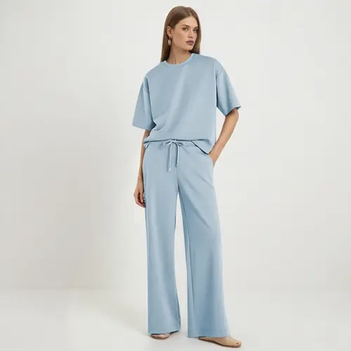 Fisoew Sports Women's 2-Piece Minimalist Basic Lounge Set - 2026 Spring/Summer New Arrivals, Short-Sleeve T-Shirts, Cool Wide-Leg Fit Pants, Sporty Chic Outfit for Daily Wear & Going Out