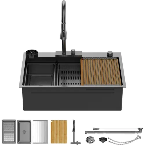 ROVSUN 33 Inch Waterfall Kitchen Sink with Faucet,  Drop In Workstation Sink 18 Gauge Stainless Steel Single Bowl Smart Basin with Cup Washer, Cutting Board & All Accessories