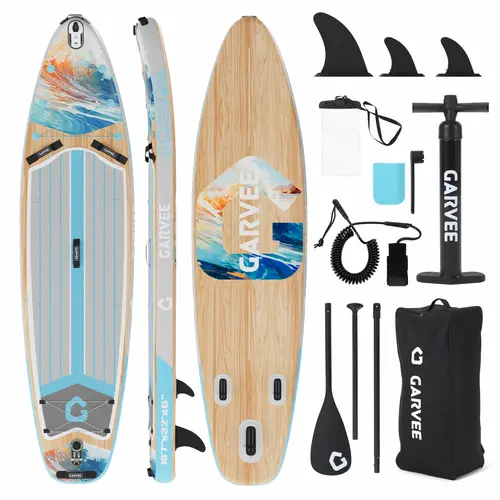 11FT Inflatable Paddle Board, 450LB Light Wood Grain Geometric SUP for Beginners, Wide Stable iSUP with Non-Slip Deck, Tri-Fin, Camera Mount, Complete Accessory Kit & Backpack, [summerwins] for Water Adventure Summergarden