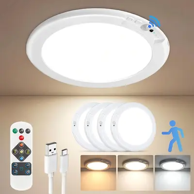 4/2Pack Rechargeable Motion Sensor Ceiling Light with Remote - Magnetic Wireless Ceiling Light Battery Powered for Closet Shower Stairs Shed Hallway ect summerwins