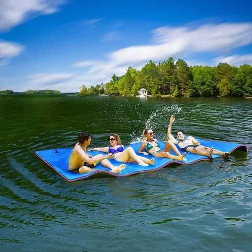 Outroad Outdoor Large Size Floating Water Pad Mat, 3-Layer XPE Foam 12ft Long 12'x4.8'x1.5' Roll-Up Lily Pad Floating Island for Beach Water Recreation & Relaxing (Blue/Yellow)