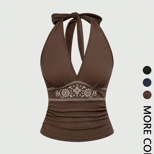 Vintage Coffee Color Embroidered Halter Top, Butterfly Knot Low Neck Design, Hippie Style Summer Vacation Casual Boho Sleeveless Shirt, Boho Fashion Casual
