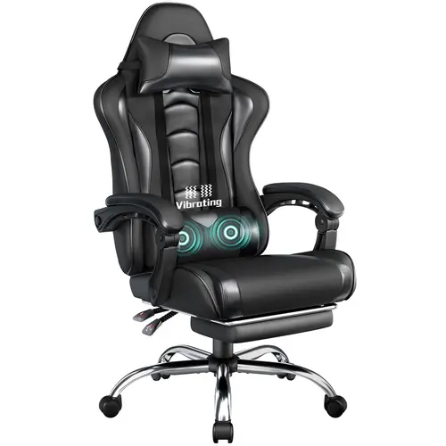 Yaheetech Ergonomic Reclining Gaming Chair with Massage Lumbar Support, Footrest, and Headrest – PU Leather Tall Desk Chair, Swivel Rolling Base, Adjustable Gaming Chair, Computer Gaming Chair