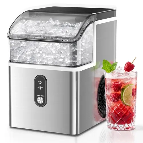 Stainless Steel Portable Countertop Nugget Ice Maker, 35lbs/Day Output, 1-Click Automatic Start, 6-Mins Fast Making, Self-Cleaning, Soft Chewable Ice, 1.1L Capacity, RV & Office Ready, Residential Kitchen Appliance